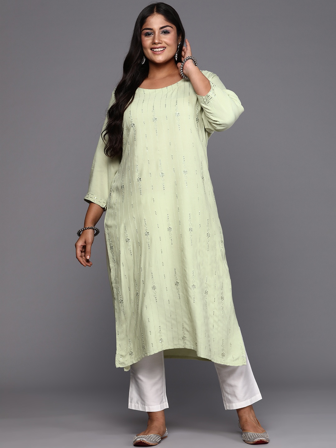 

EXTRA LOVE BY LIBAS Plus Size Embroidered Thread Work Kurta, Sea green