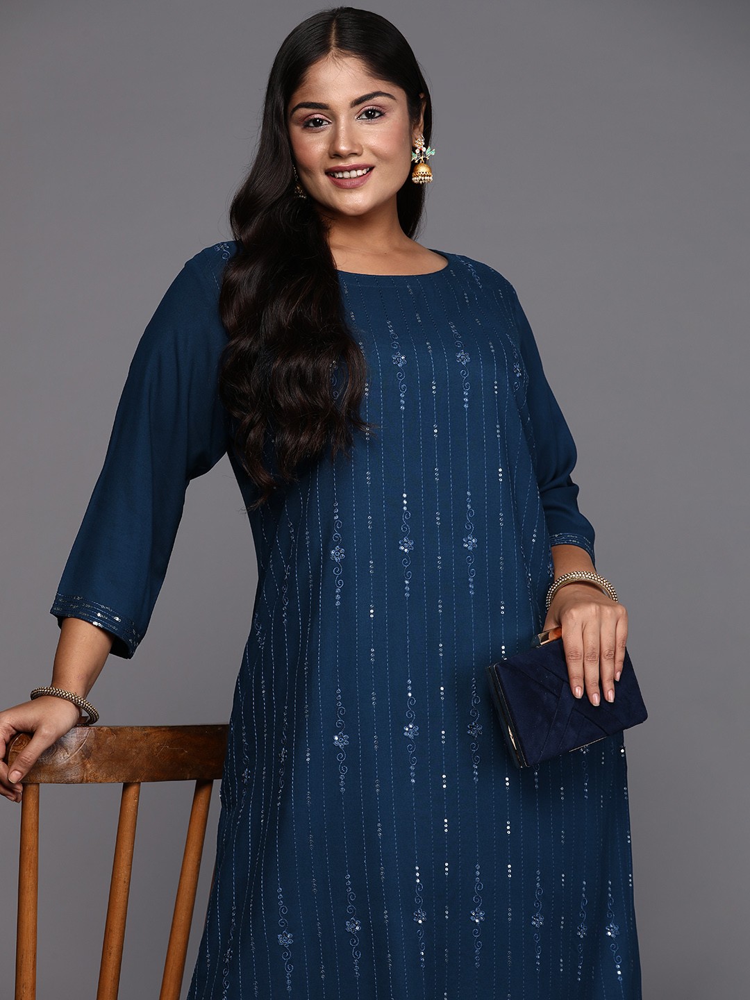 

EXTRA LOVE BY LIBAS Plus Size Embellished Sequinned Kurta, Navy blue