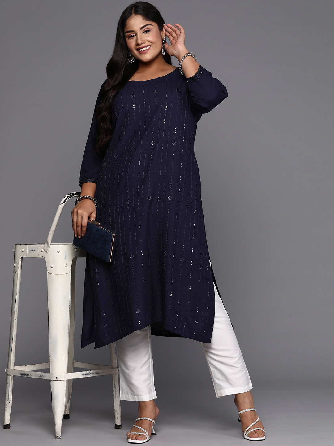 

EXTRA LOVE BY LIBAS Women Plus Size Embroidered Sequinned Kurta, Blue
