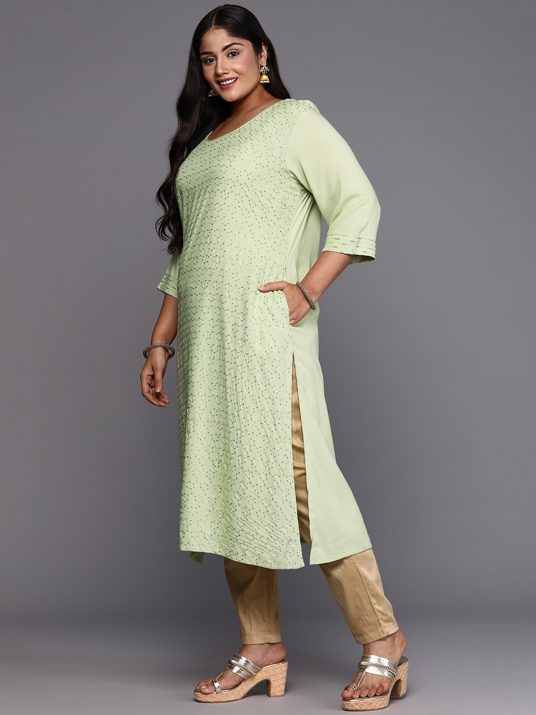 

EXTRA LOVE BY LIBAS Plus Size Embellished Sequinned Kurta, Sea green
