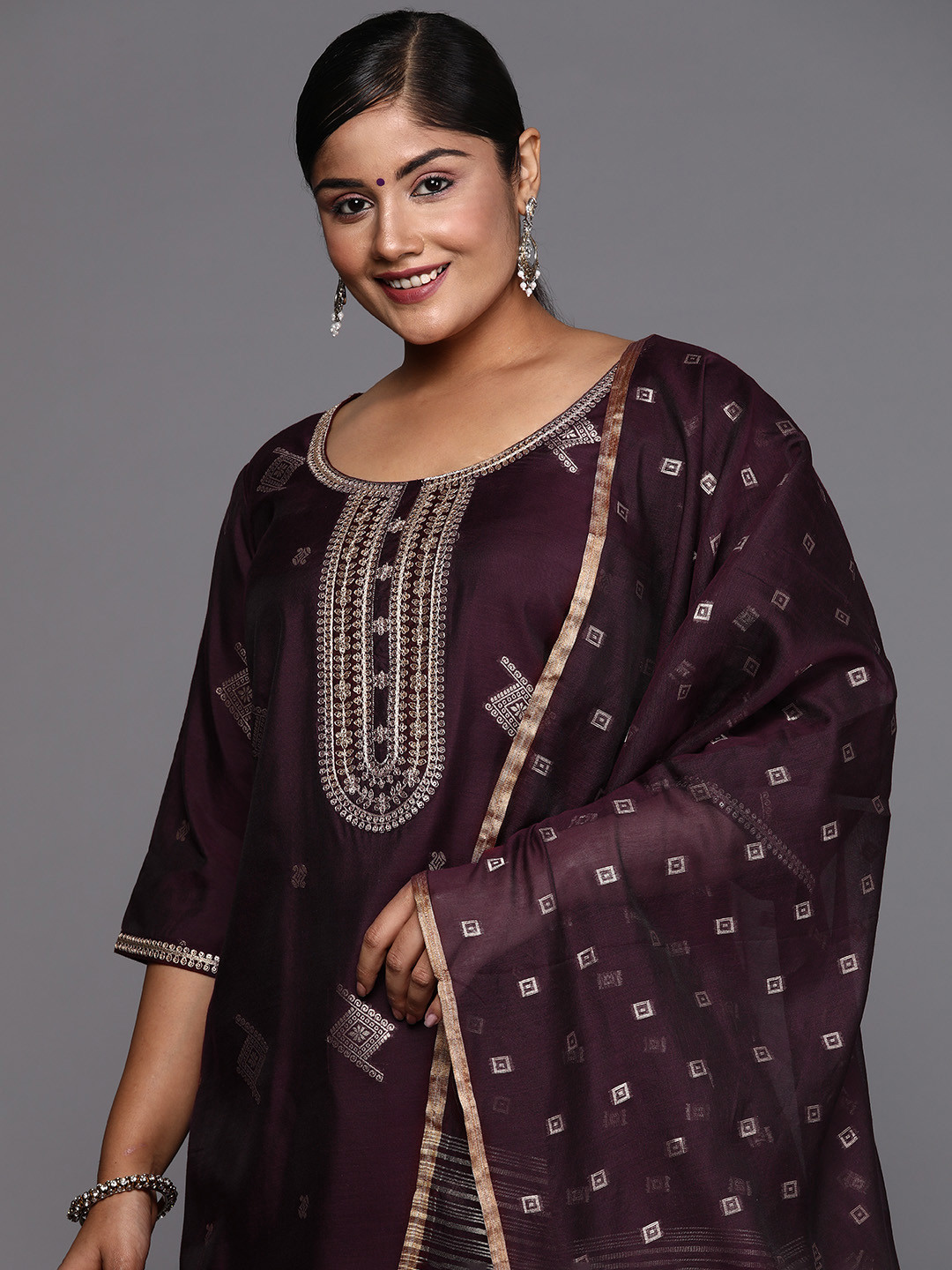 

EXTRA LOVE BY LIBAS Women Plus Size Embroidered Kurta with Palazzos & With Dupatta, Burgundy