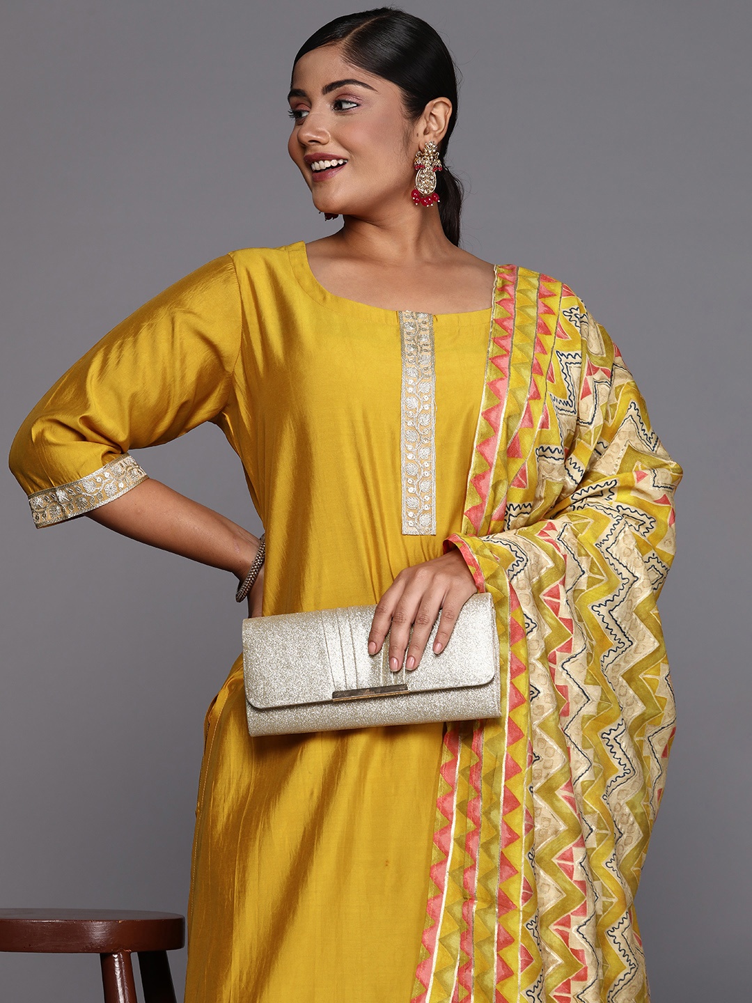 

EXTRA LOVE BY LIBAS Plus Size Ethnic Motifs Yoke Design Sequinned Kurta Set, Mustard