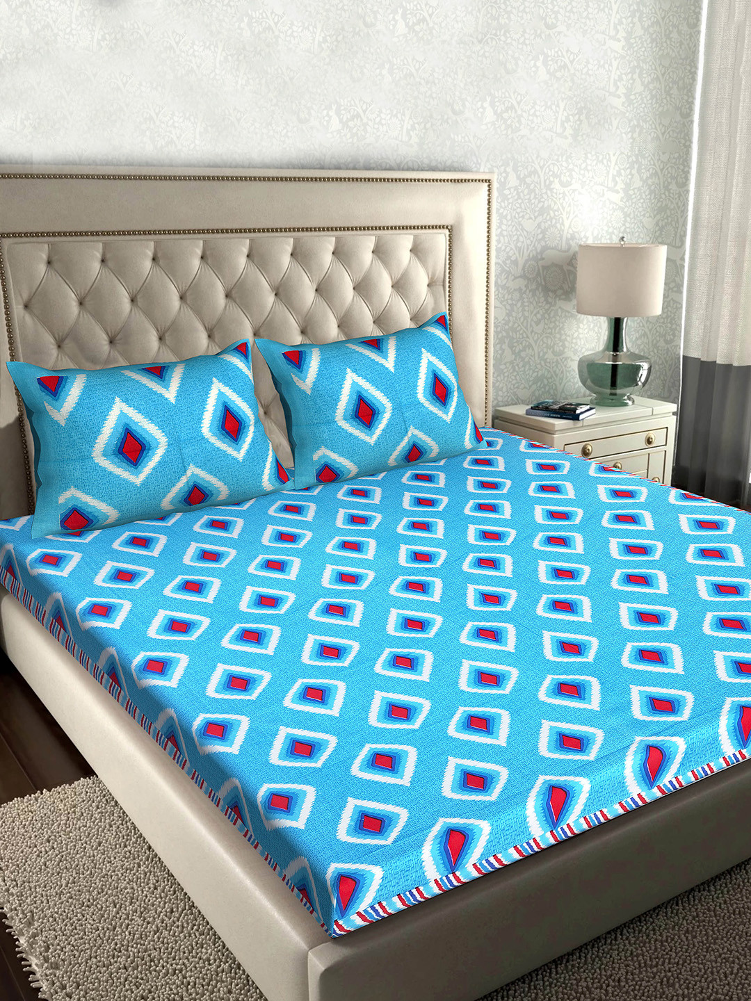 

Rajasthanikart Blue & White Geometric Cotton 110 TC Queen Bedsheet with 2 Pillow Covers