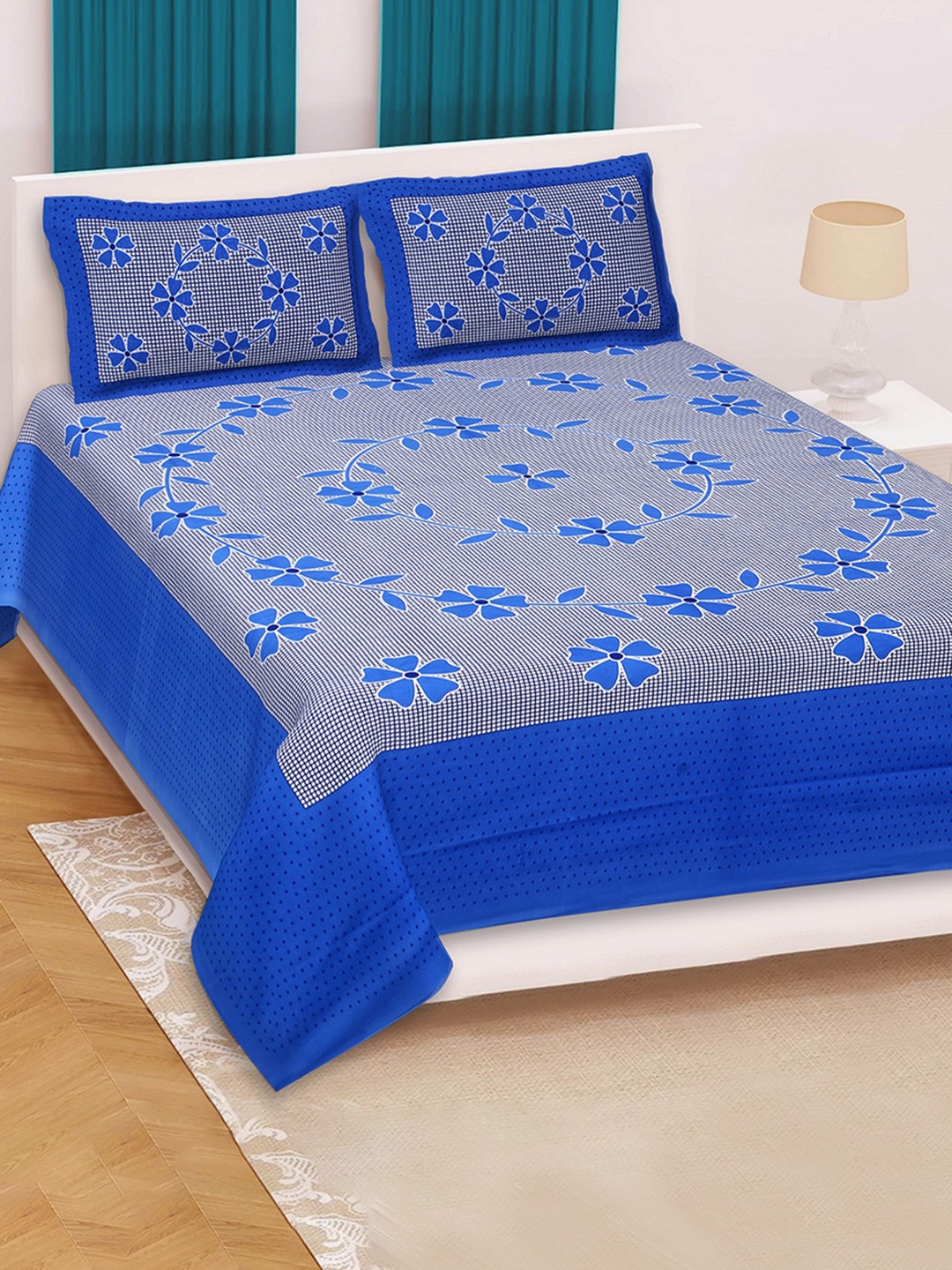 

Rajasthanikart Blue & Grey Floral Cotton 110 TC Queen Bedsheet with 2 Pillow Covers
