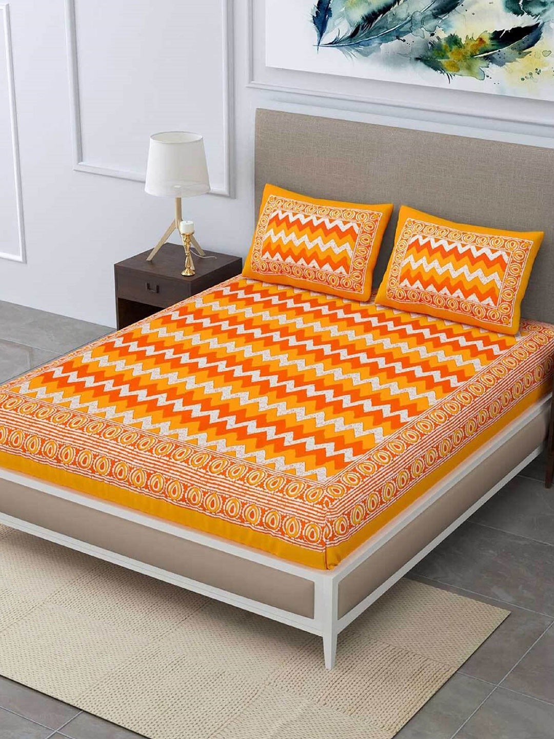 

Rajasthanikart Yellow & Orange Geometric Cotton 110 TC Queen Bedsheet with 2 Pillow Covers