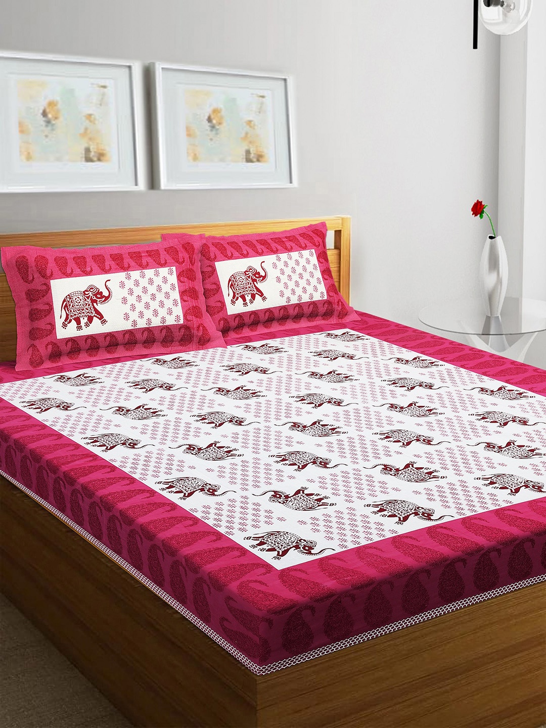 

Rajasthanikart White & Pink Ethnic Motifs Cotton 110 TC Queen Bedsheet & 2 Pillow Covers