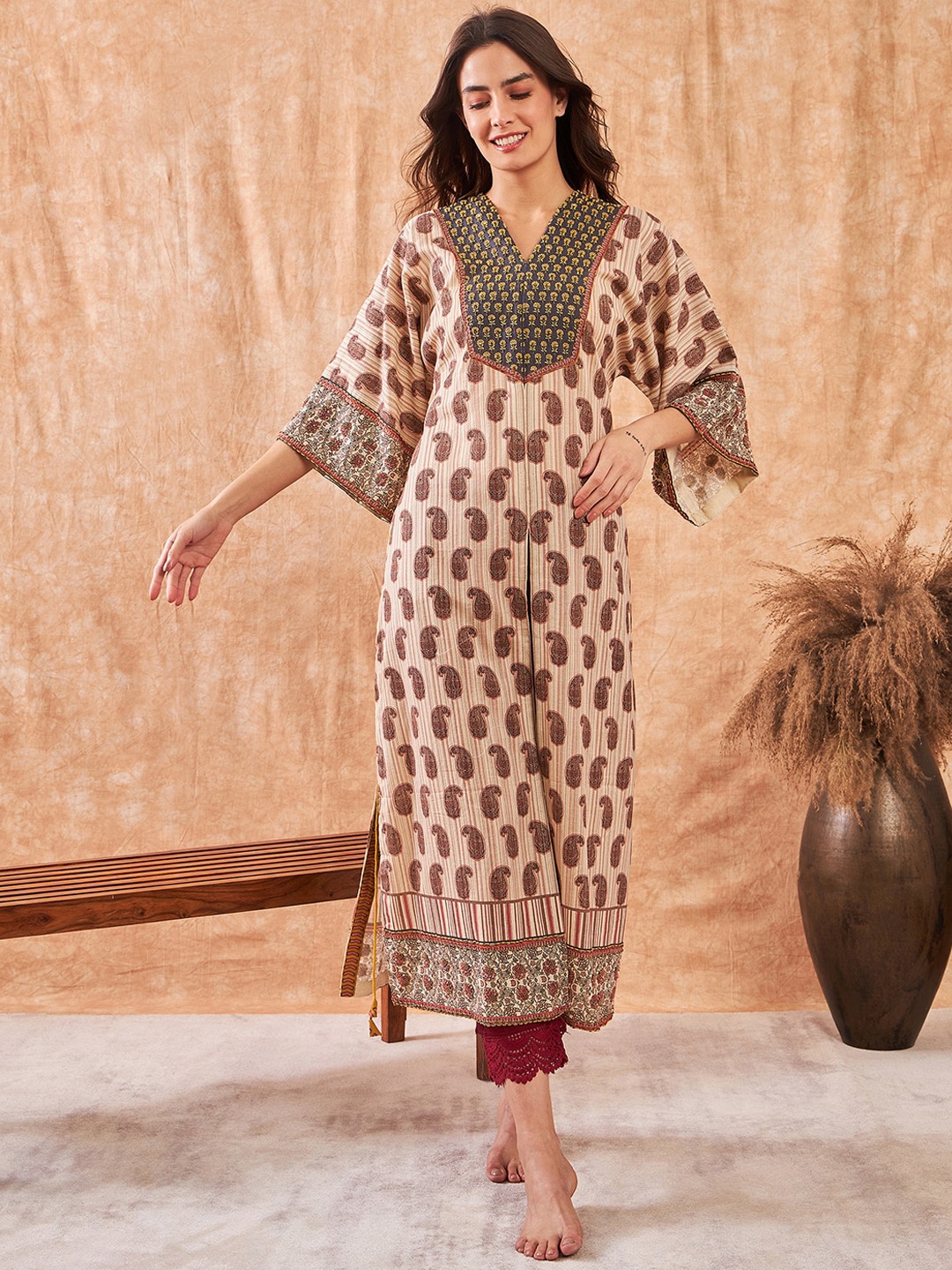 

The Kaftan Company Ethnic Motifs Printed Flared Sleeves Kurta, Beige