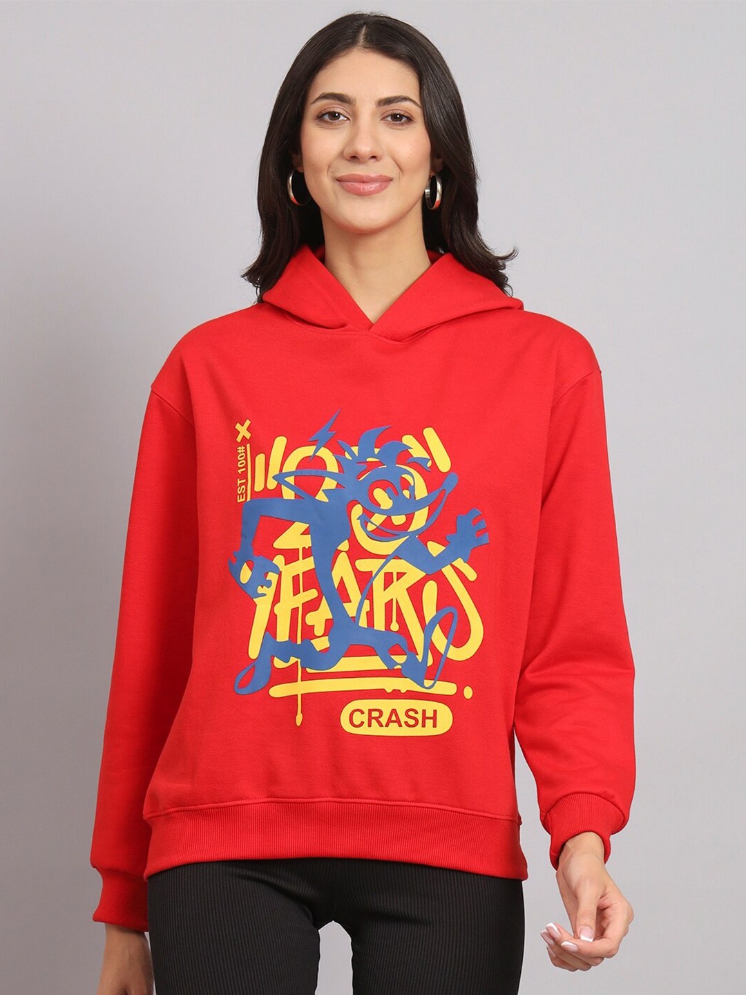 

Obaan Graphic Printed Hooded Neck Long Sleeve Cotton Sweatshirt, Red