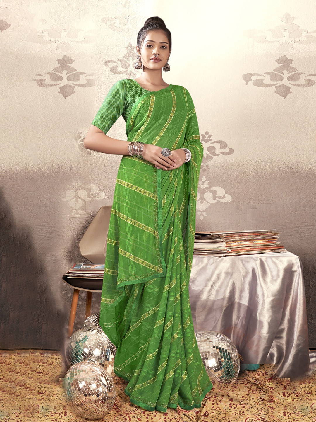 

KALINI Striped Pure Georgette Saree, Green