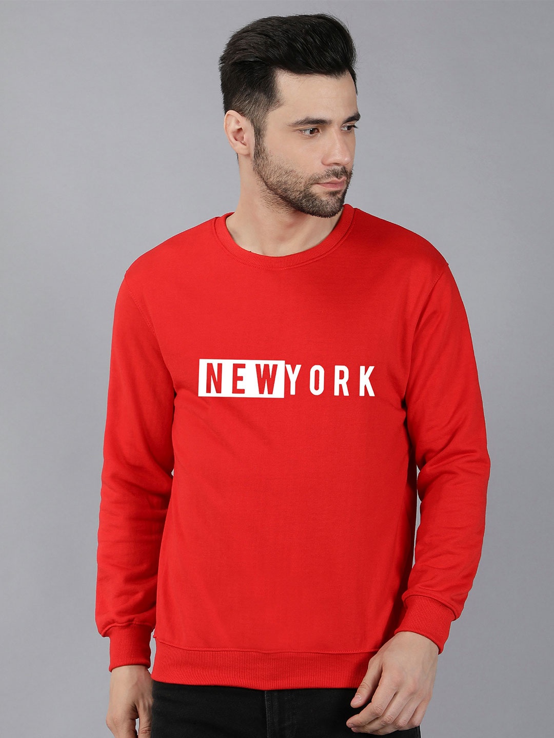 

Fashion And Youth Typography Printed Round Neck Long Sleeve Pullover Fleece Sweatshirt, Red