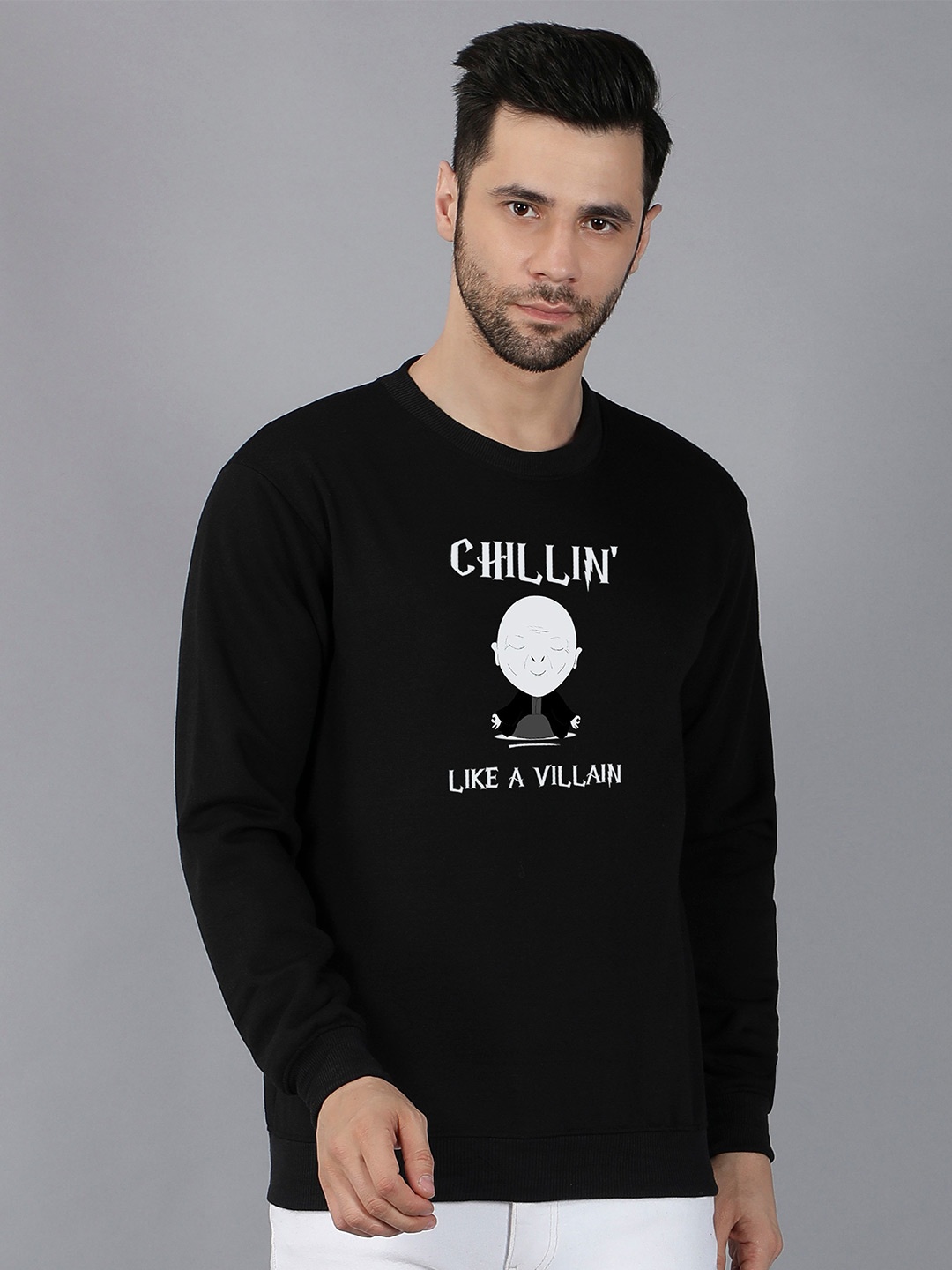 

Fashion And Youth Graphic Printed Round Neck Long Sleeve Pullover Fleece Sweatshirt, Black