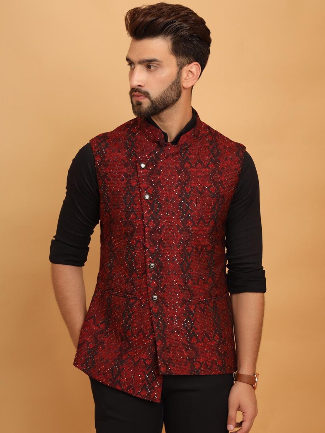 

Vandnam Fabrics Embellished Nehru Jacket, Red