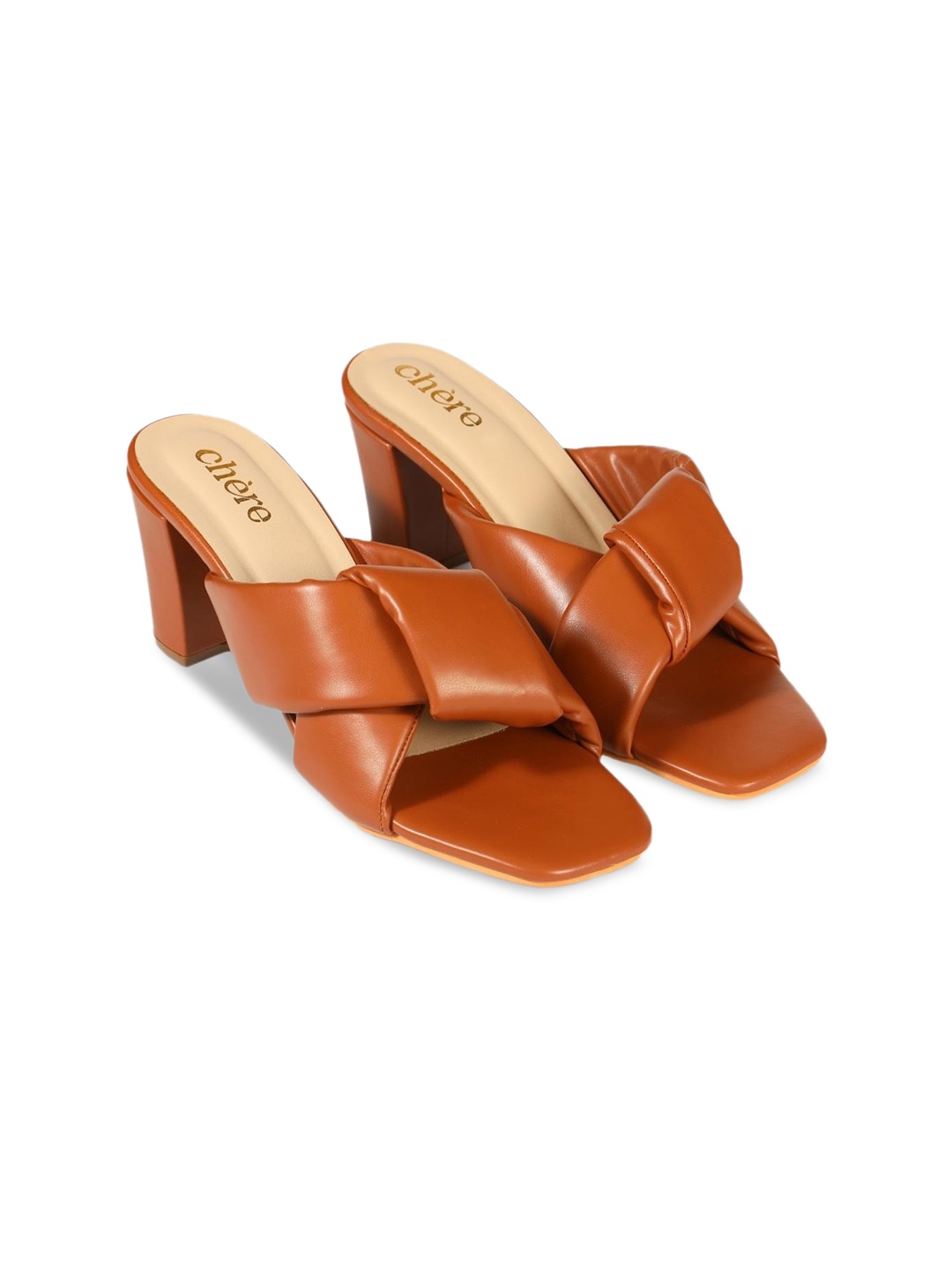 

Chere Knotted Straps Block Mules, Brown