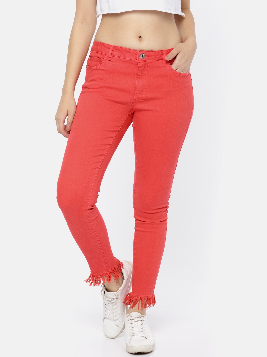 

ONLY Women Coral Pink Slim Fit Mid-Rise Clean Look Stretchable Jeans