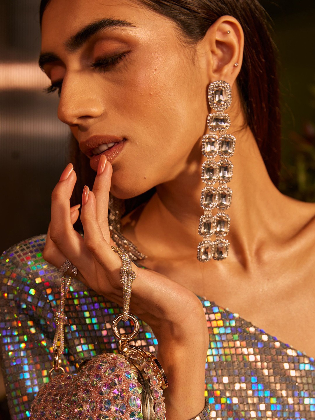 

ISHKAARA Stone-Studded Contemporary Drop Earrings, Silver