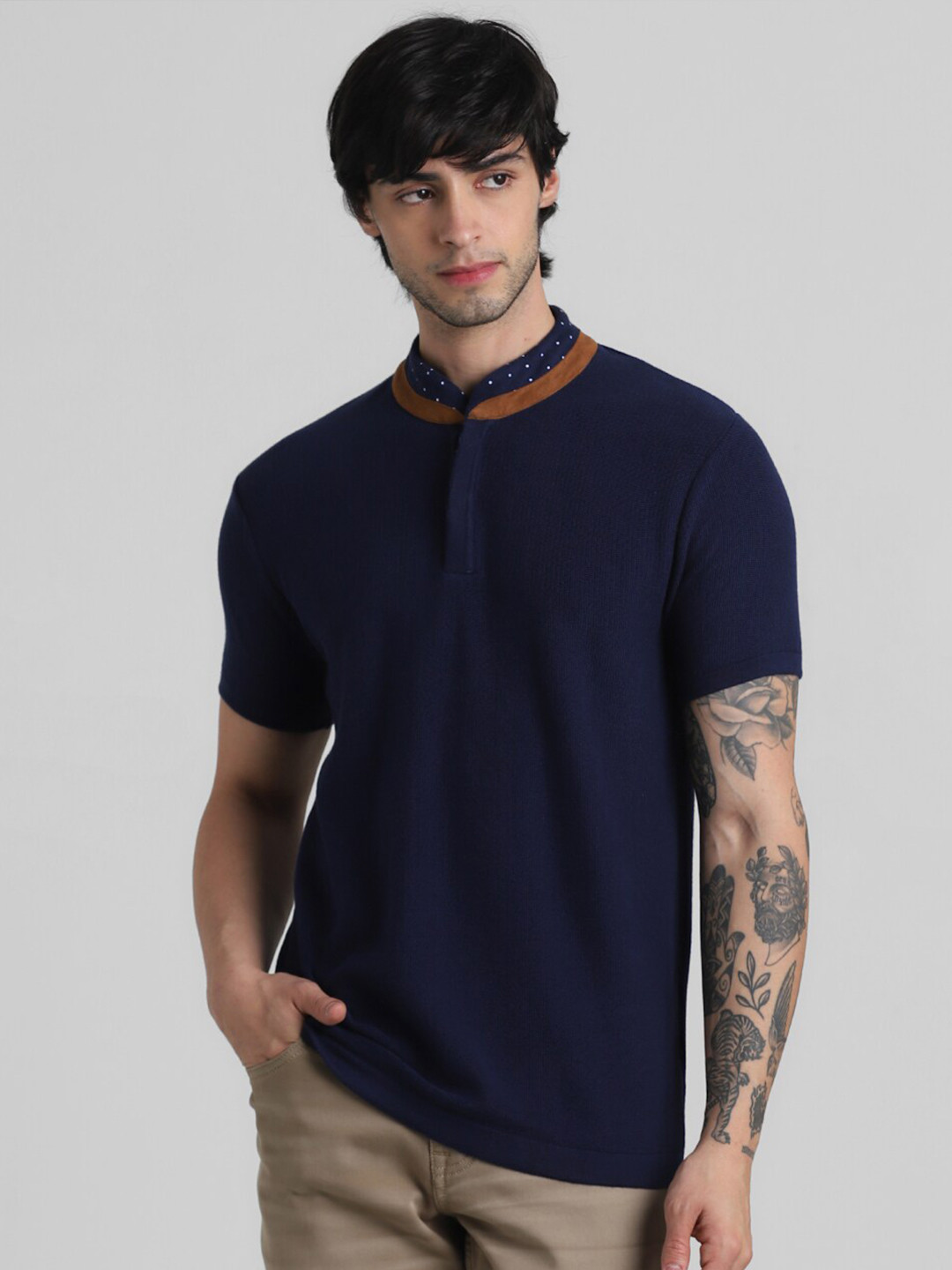 

Jack & Jones Mandarin Collar Pure Cotton Slim Fit T-shirt, Navy blue