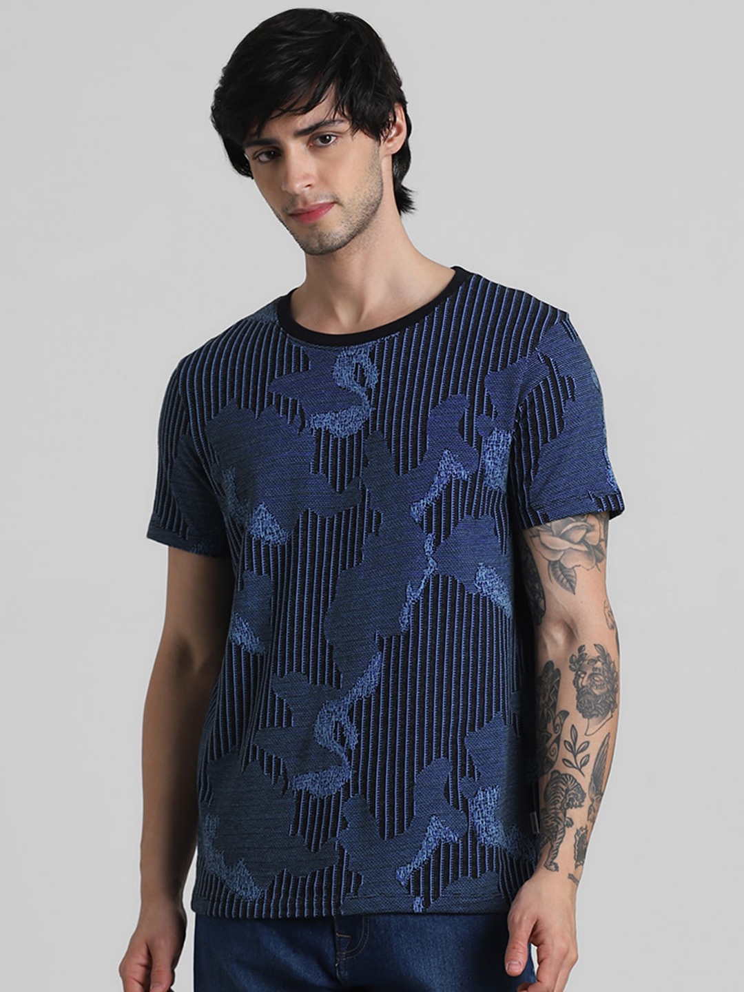 

Jack & Jones Striped Round Neck Pure Cotton T-shirt, Blue