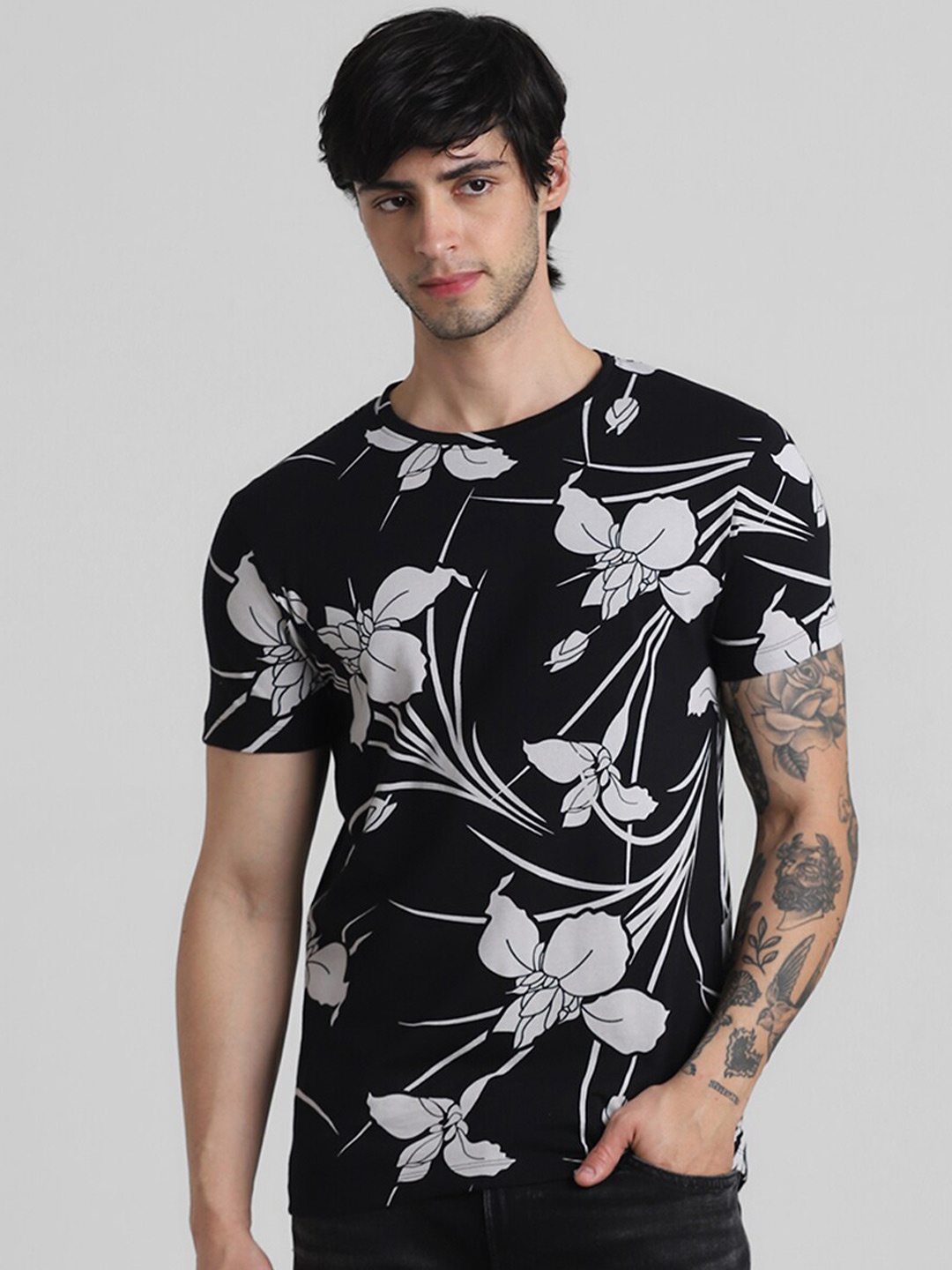 

Jack & Jones Slim Fit Floral Printed Round Neck Cotton T-shirt, Black