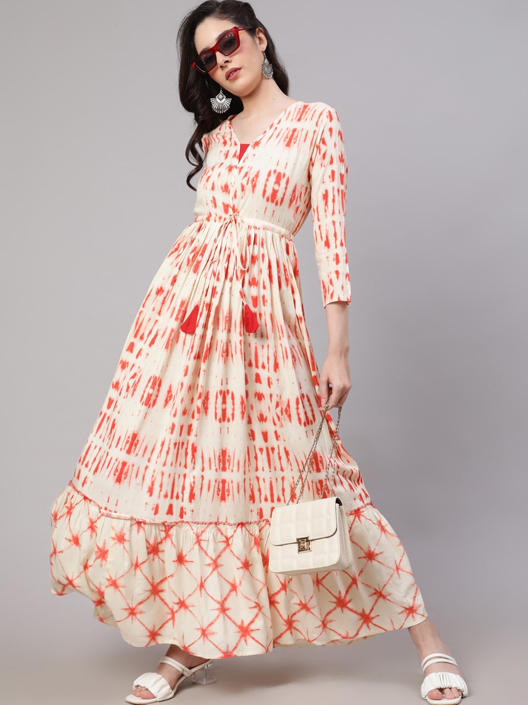 

DAEVISH Abstract Printed With Tie-Up Details Maxi A-Line Ethnic Dress, Orange