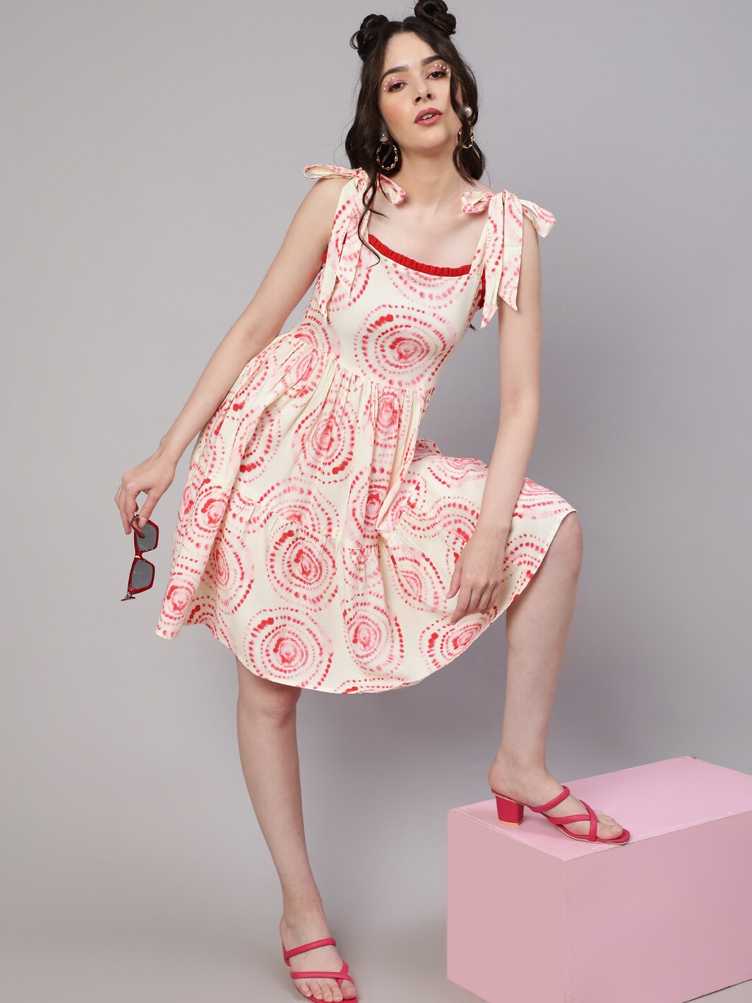 

DAEVISH Ethnic Motifs Printed Shoulder Strap Neck Fit & Flare Dress, Cream