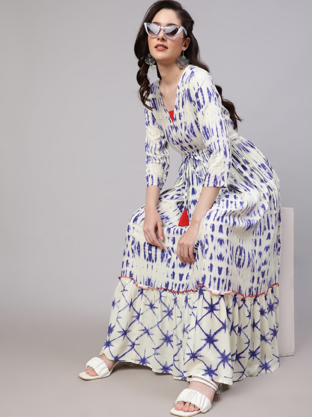 

DAEVISH Tie And Dye V Neck Tie-Up Detail Flounce Hem A-Line Ethnic Dress, Off white