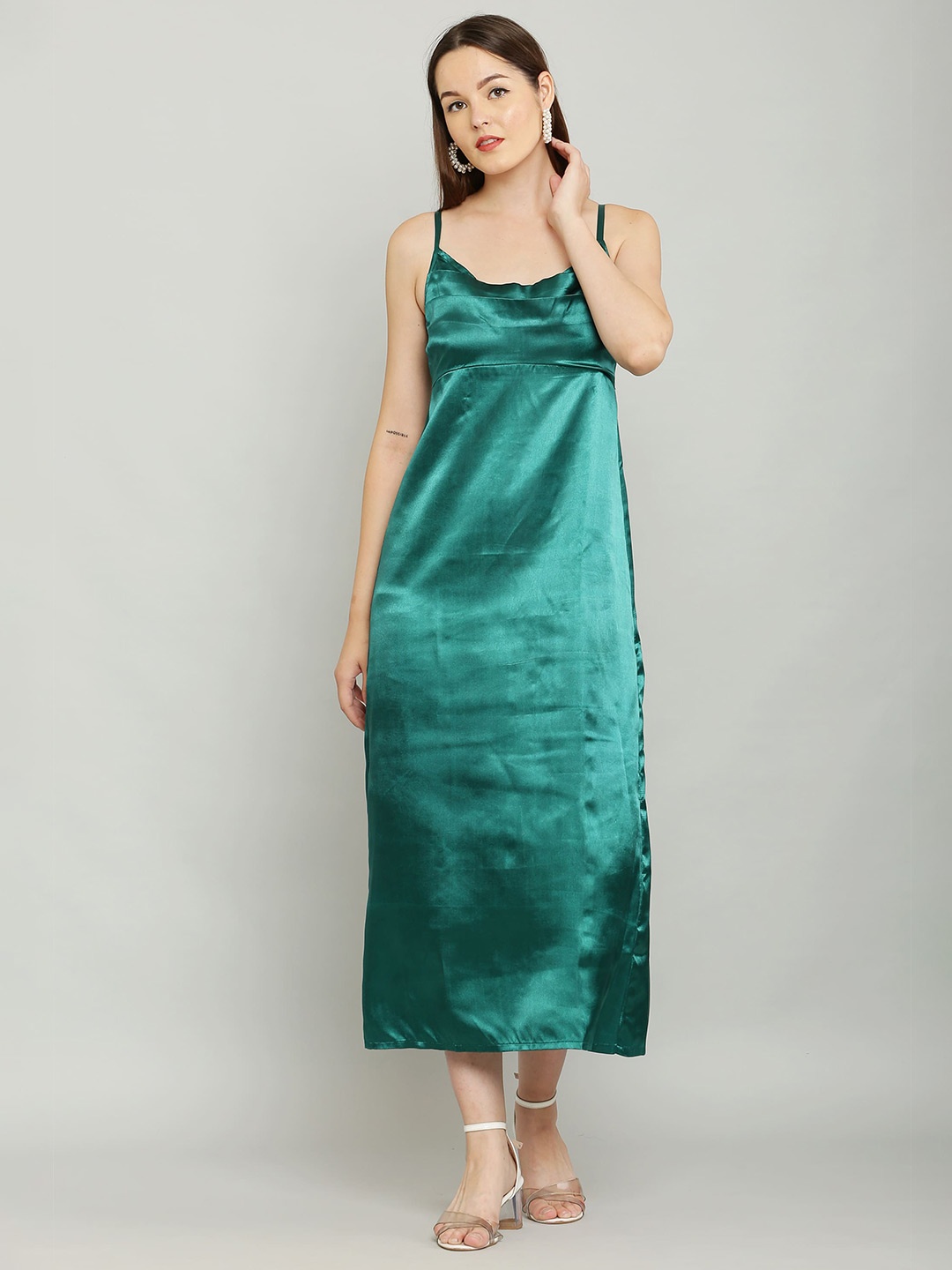 

SQew Shoulder Straps Satin A-Line Midi Dress, Green