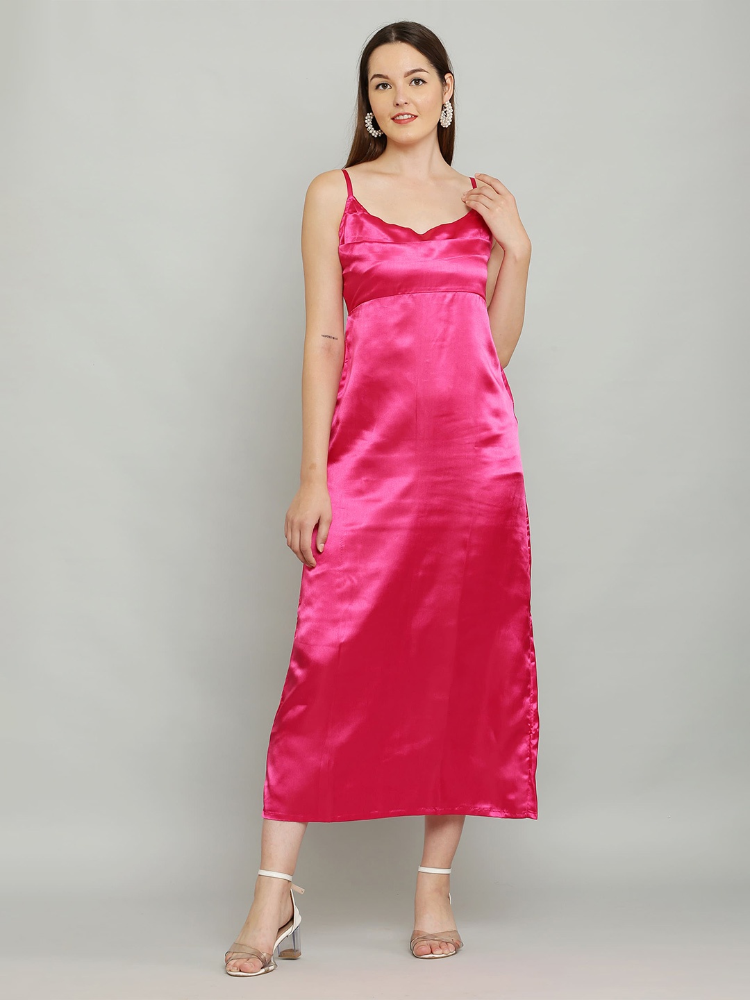 

SQew Shoulder Straps Satin A-Line Midi Dress, Pink