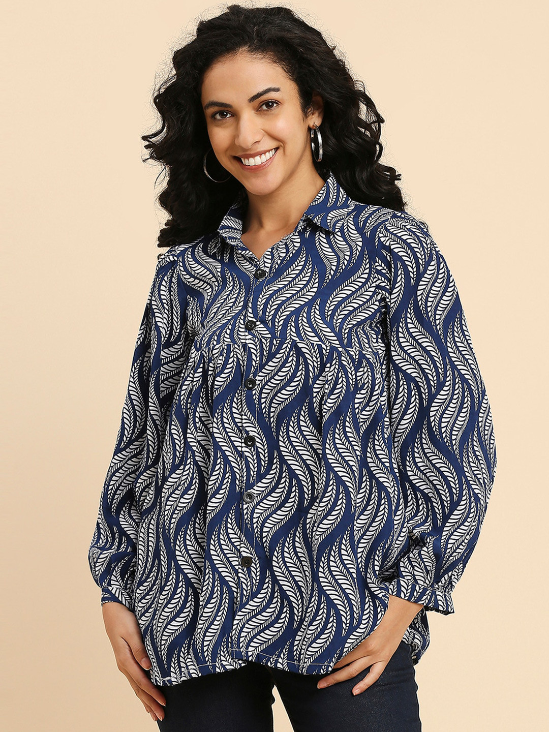 

GUFRINA Floral Printed Longline Shirt Style Top, Blue