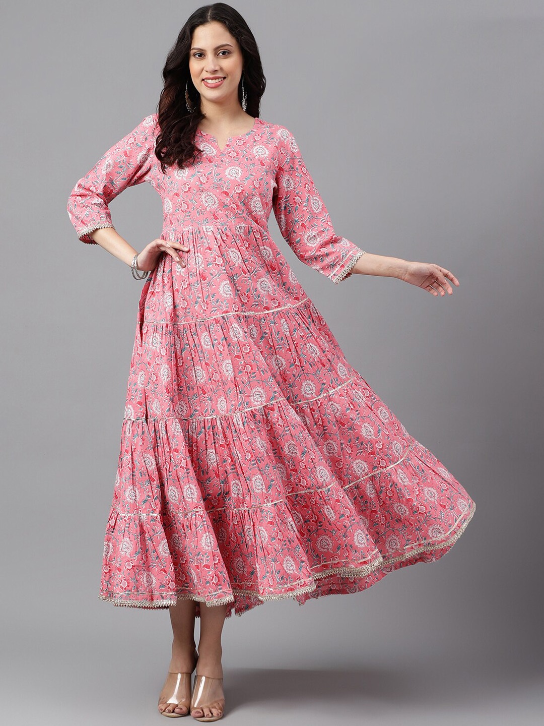 

SAABHI Floral Printed Tiered Pure Cotton Fit & Flare Maxi Ethnic Dress, Pink