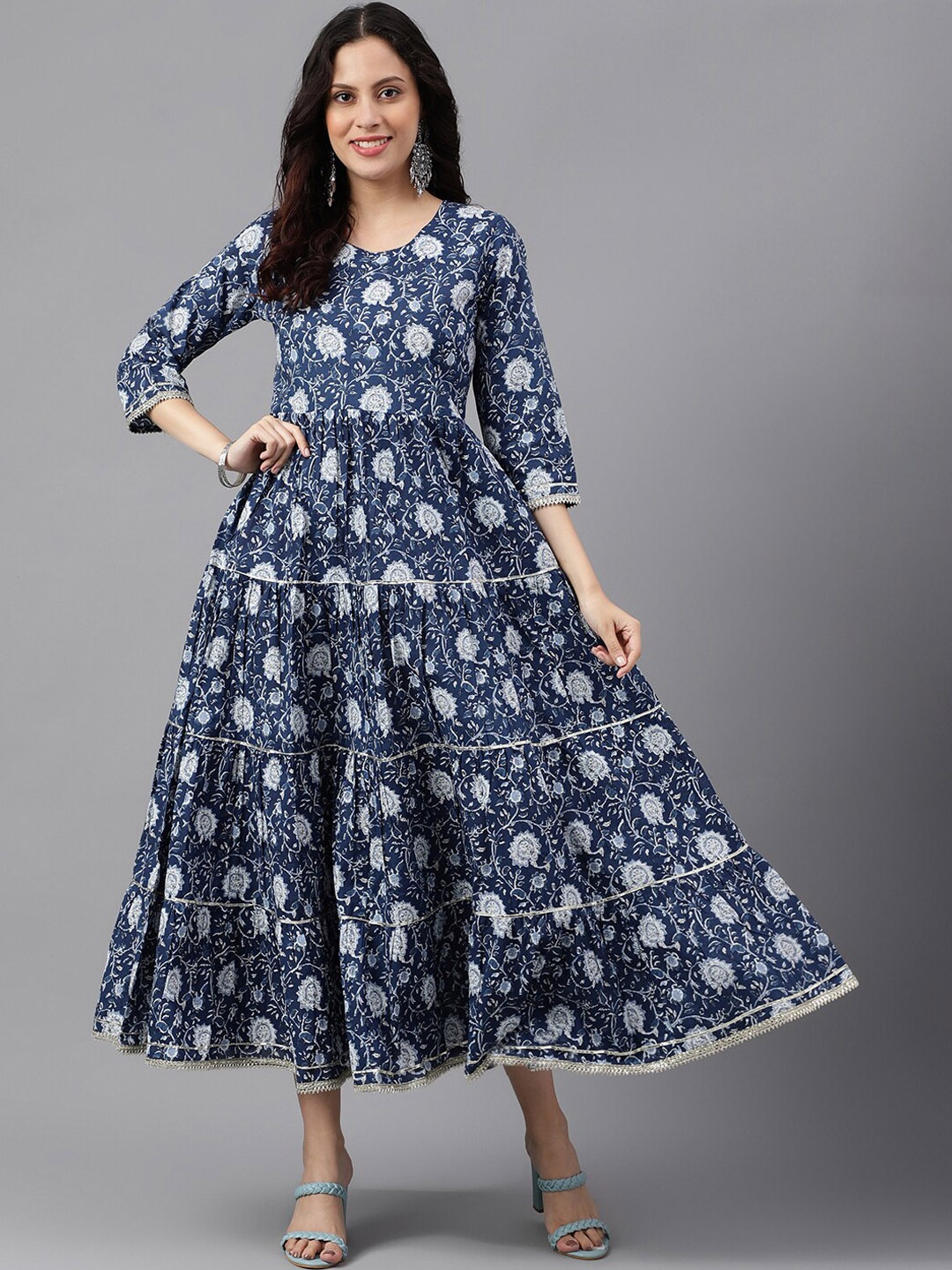 

SAABHI Floral Printed Tiered Pure Cotton Fit & Flare Maxi Ethnic Dress, Blue