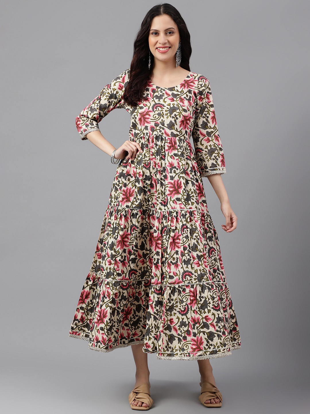 

SAABHI Floral Printed Gathered Detail A-Line Ethnic Dresses, Cream