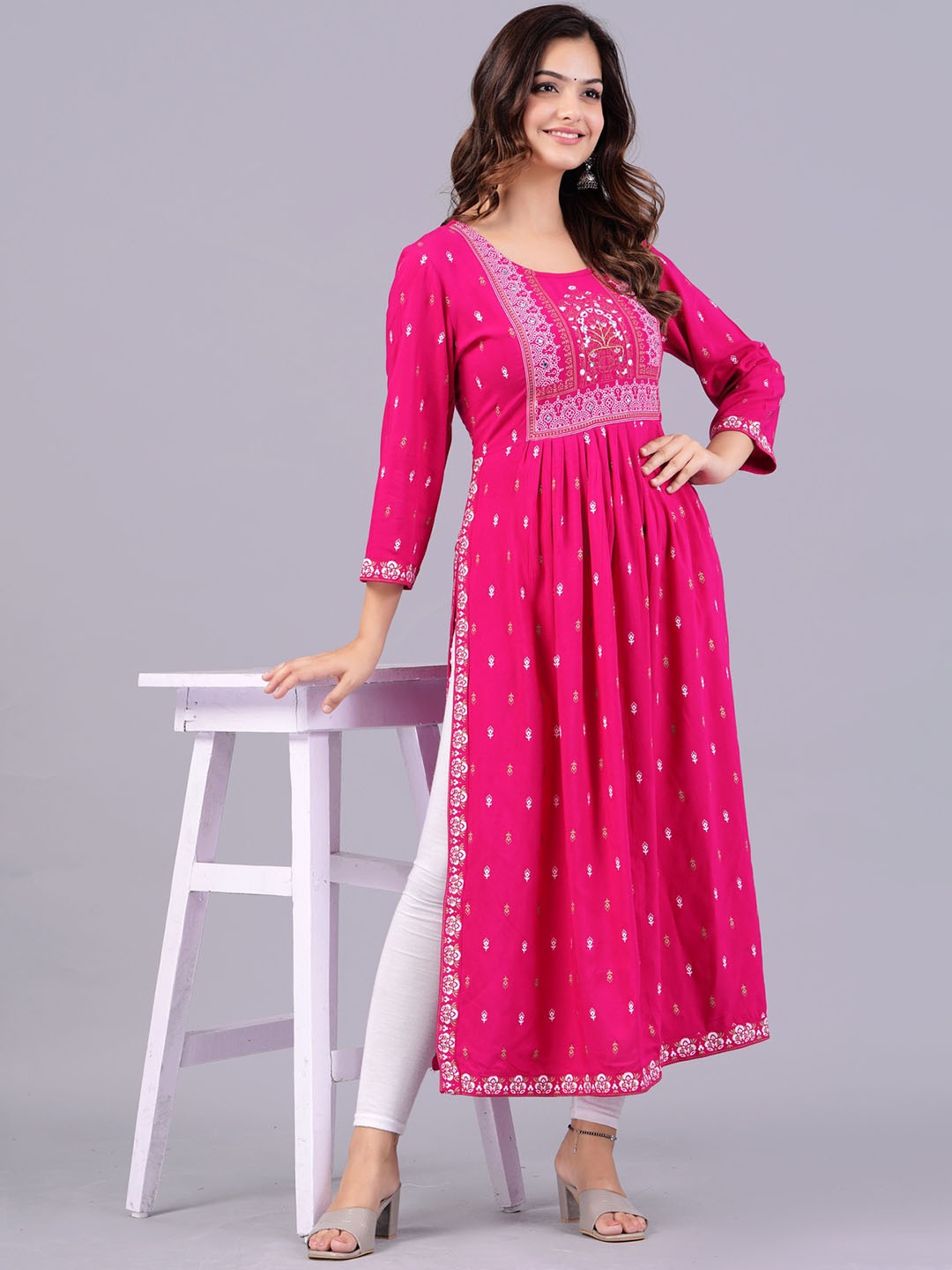 

SAABHI Ethnic Motifs Printed Mirror Work A-Line Kurta, Pink