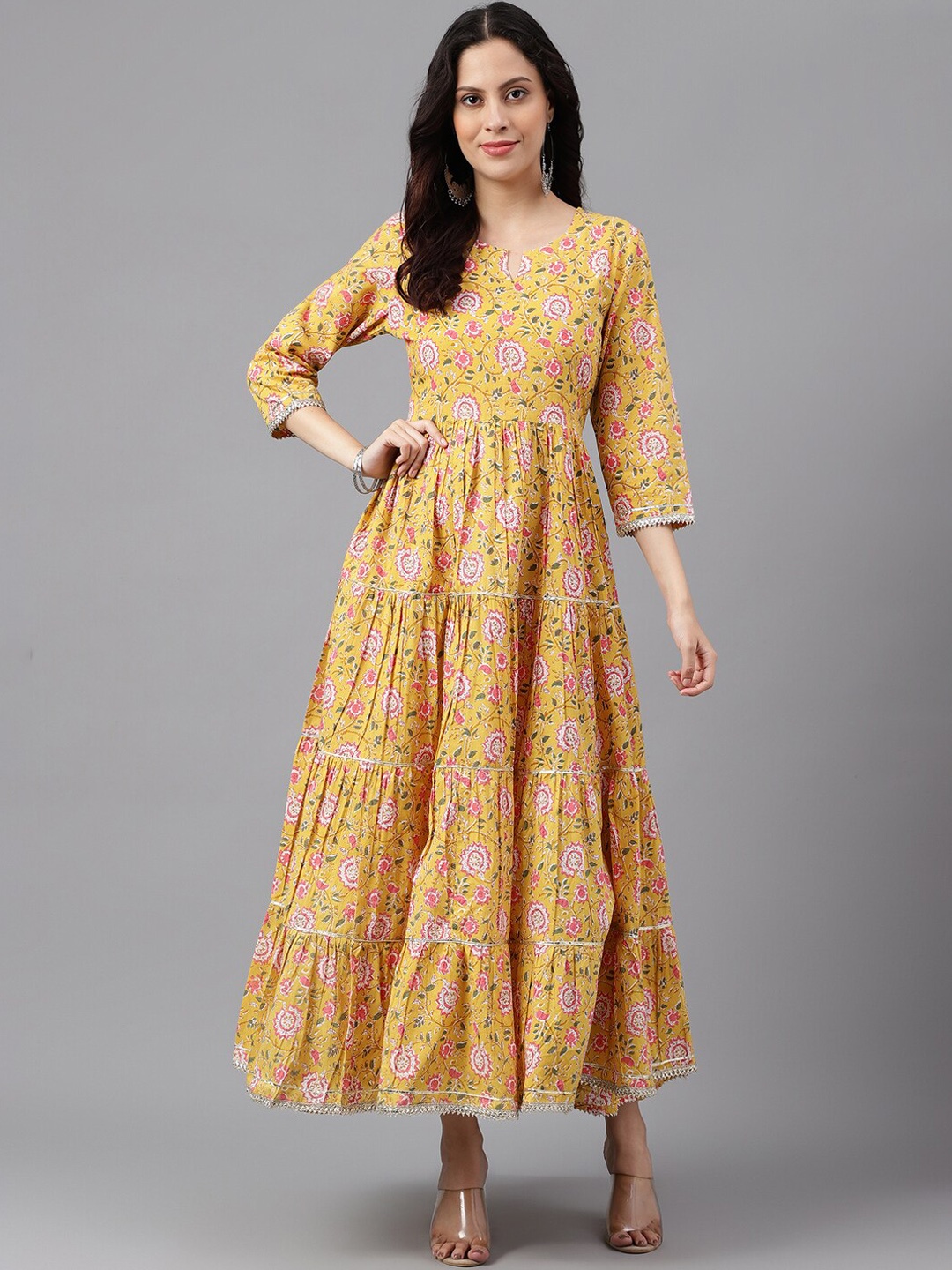 

SAABHI Floral Printed Tiered Pure Cotton Fit & Flare Maxi Ethnic Dress, Yellow