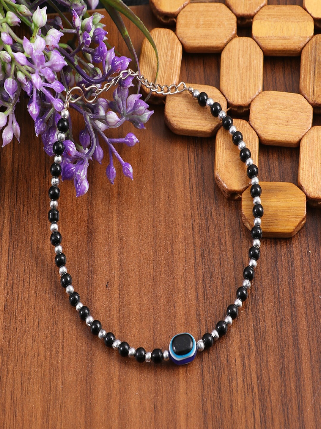 

UNIVERSITY TRENDZ Silver-Plated Beaded Evil-Eye Anklet, Black