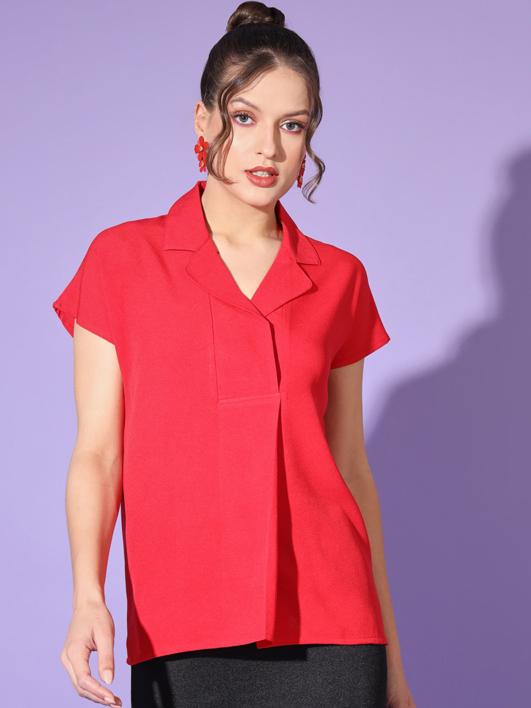 

angloindu Shirt Collar Short Sleeve Shirt Style Top, Red