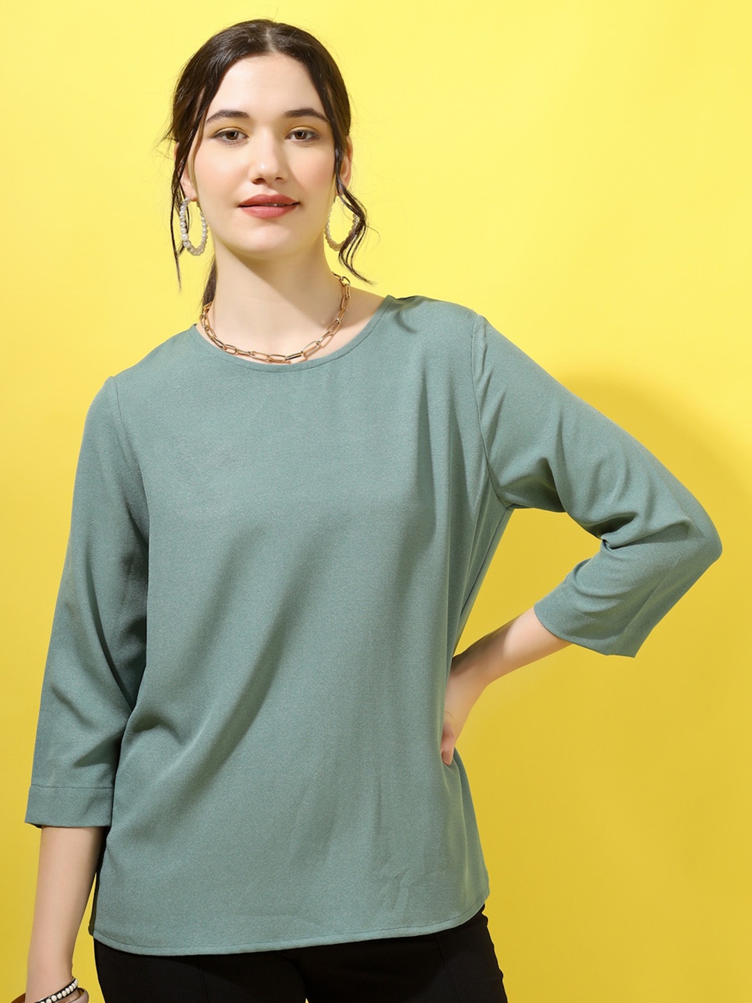 

angloindu Round Neck Three Quarter Sleeves Top, Green