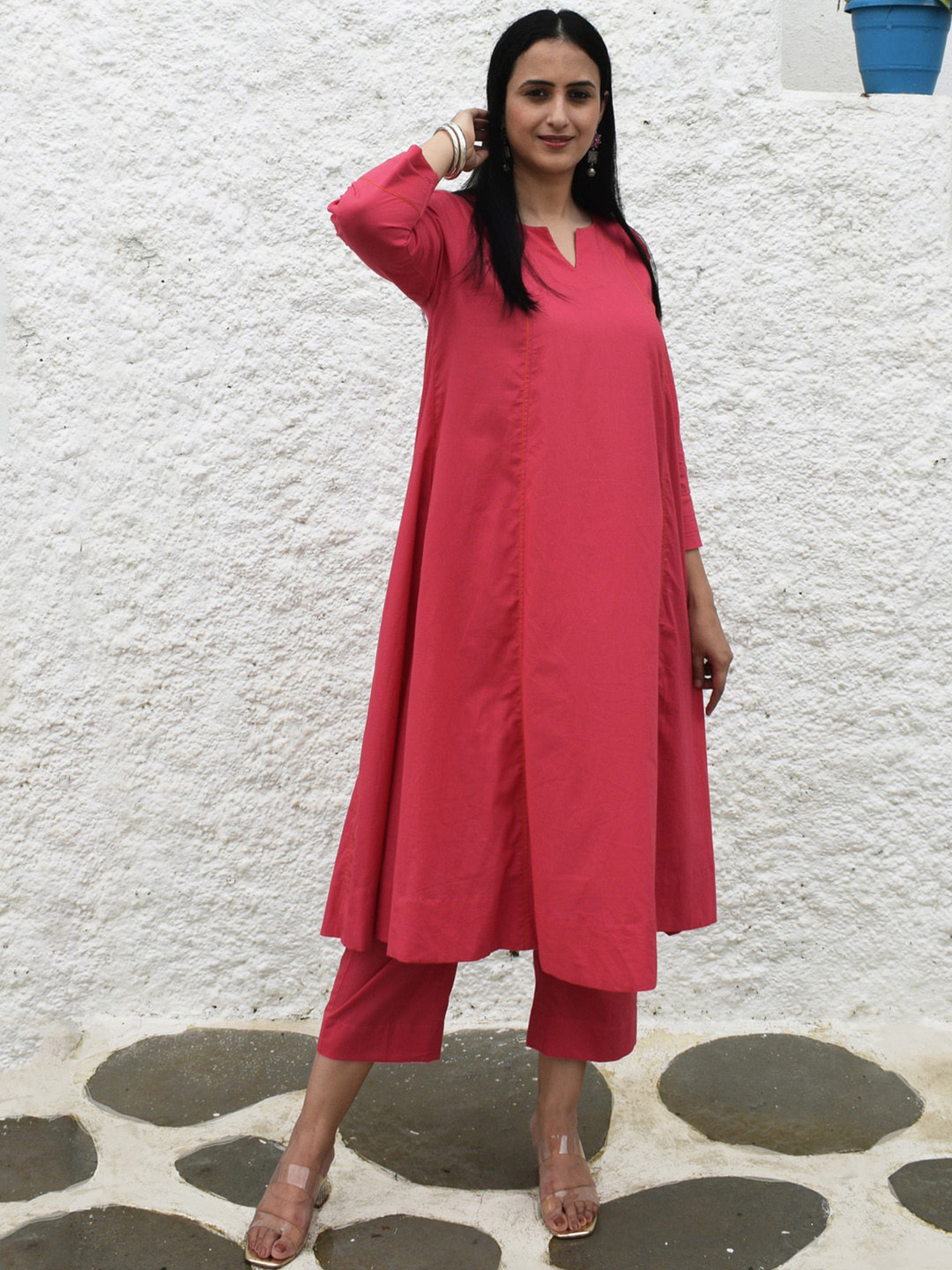 

House of Moxa A-Line Pure Cotton Kurta with Trousers, Pink