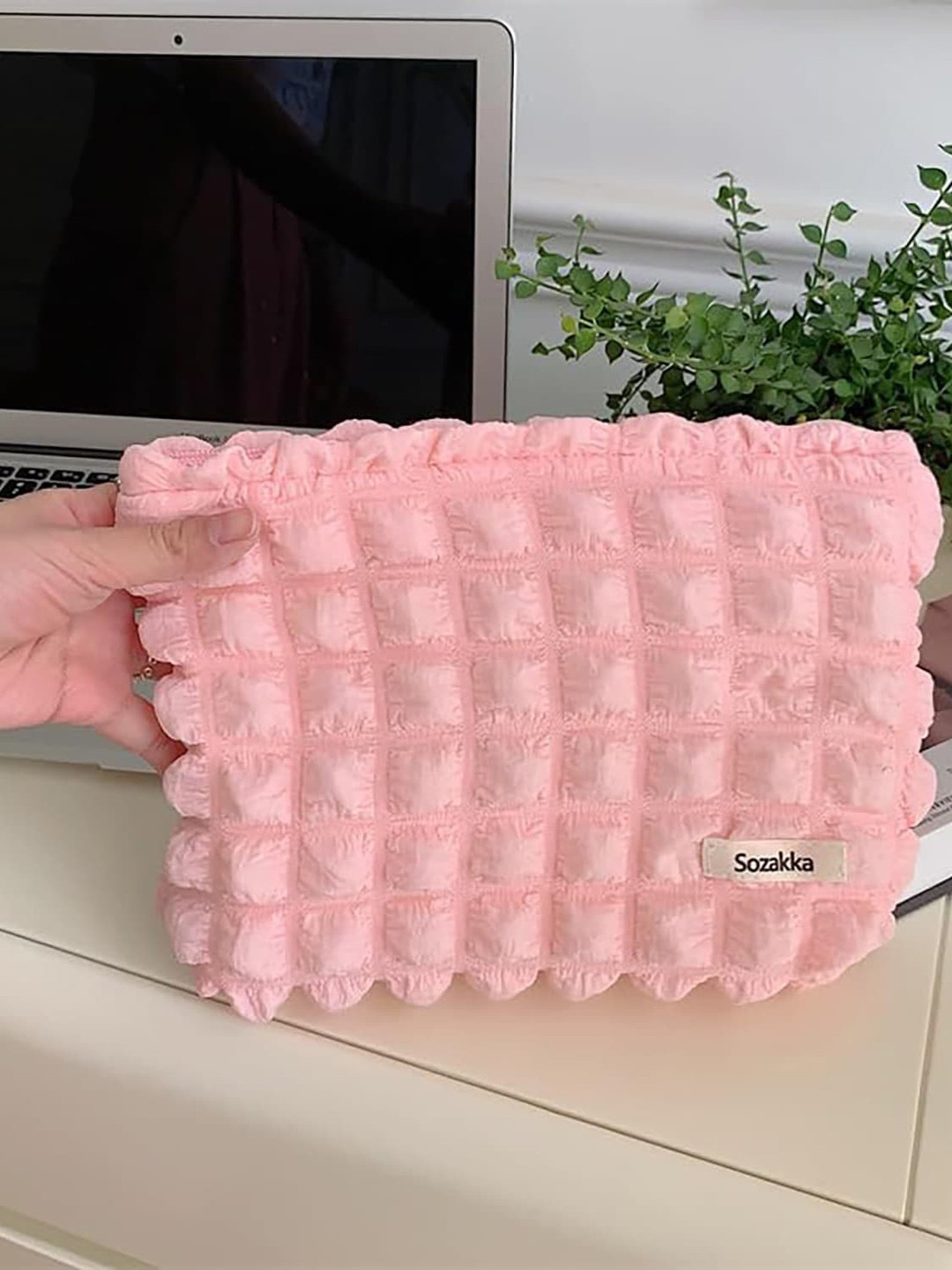 

HOUSE OF QUIRK Self Design Puffy Preppy Makeup Pouch, Pink