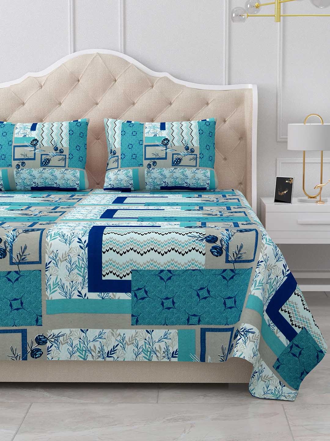 

BELLA CASA Stella Blue & White Geometric 180 TC Cotton King Bedsheet With 2 Pillow Covers