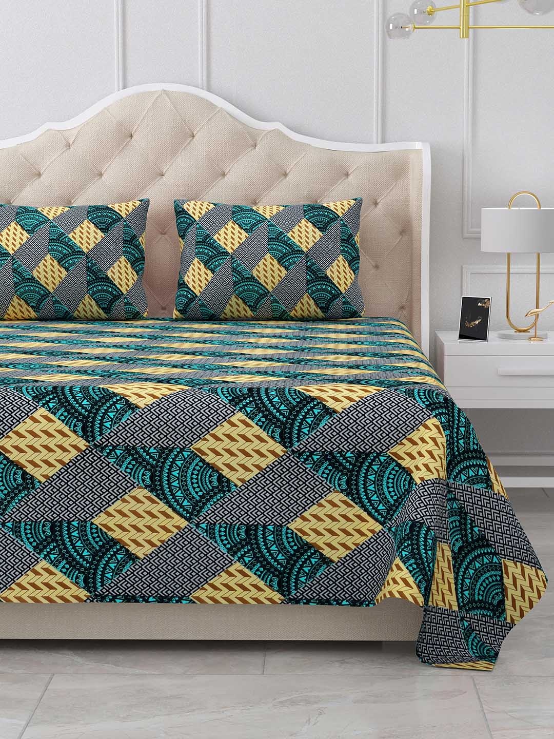 

BELLA CASA Stella Grey & Green Geometric 180 TC Cotton King Bedsheet With 2 Pillow Covers