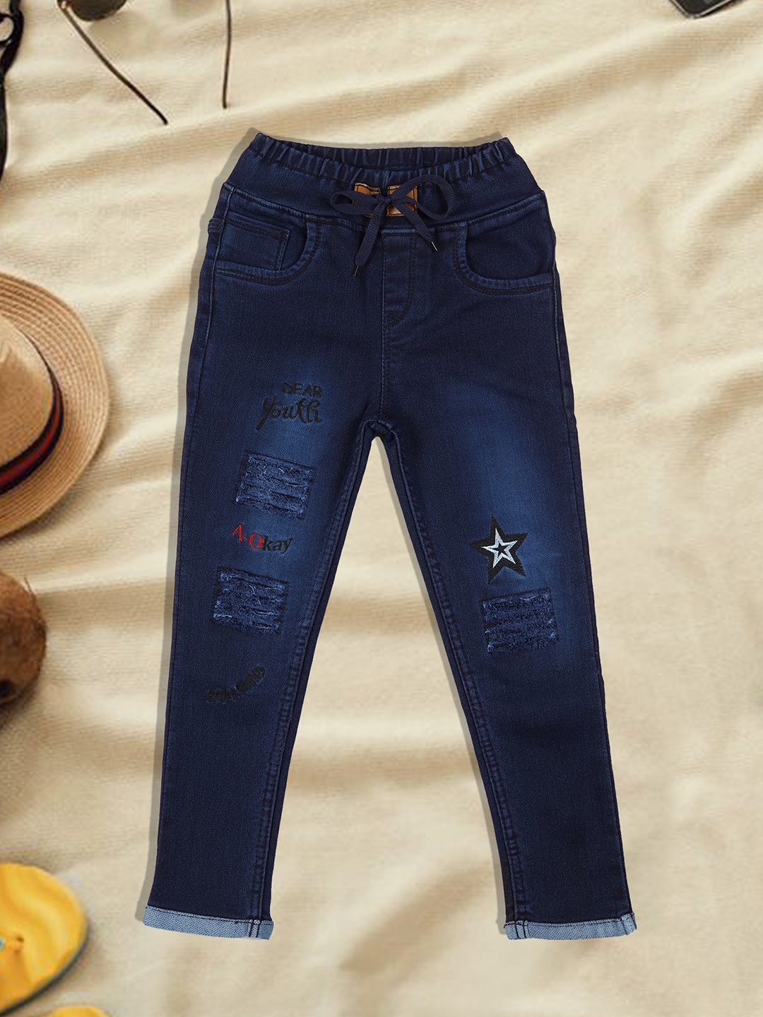 

A-Okay Girls Jogger Fit High-Rise Mildly Distressed Light Fade Acid Wash Stretchable Jeans, Blue
