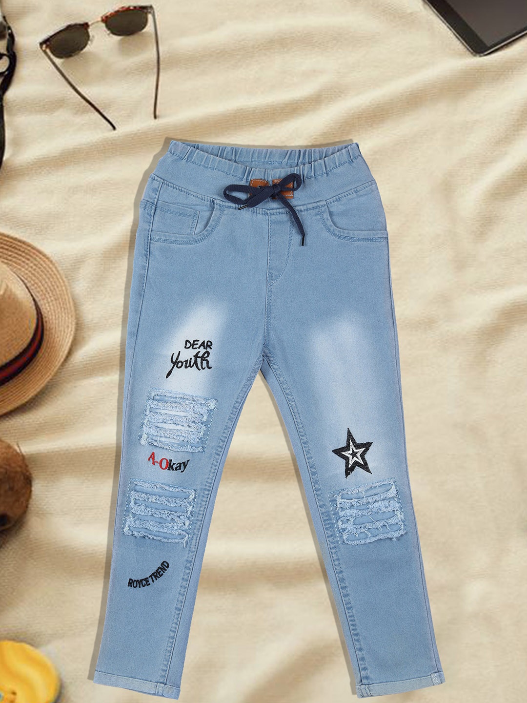 

A-Okay Girls Jogger Embroidered Heavy Fade Stretchable Clean Look Jeans, Blue