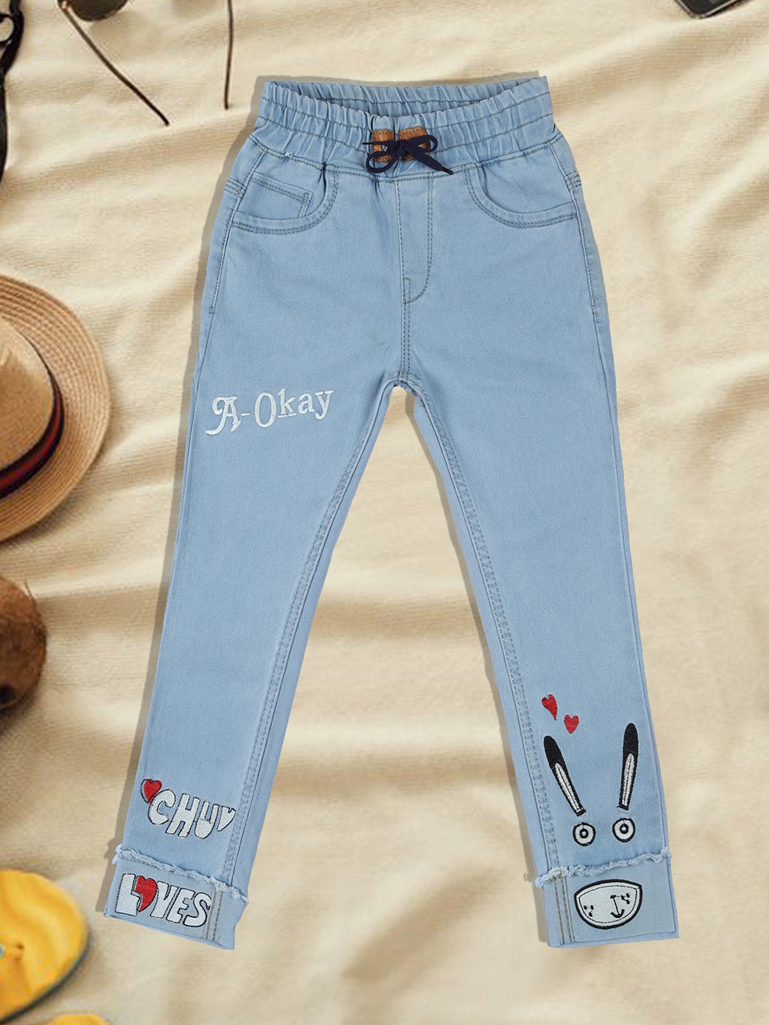 

A-Okay Girls Jogger Embroidered Stretchable Clean Look Jeans, Blue