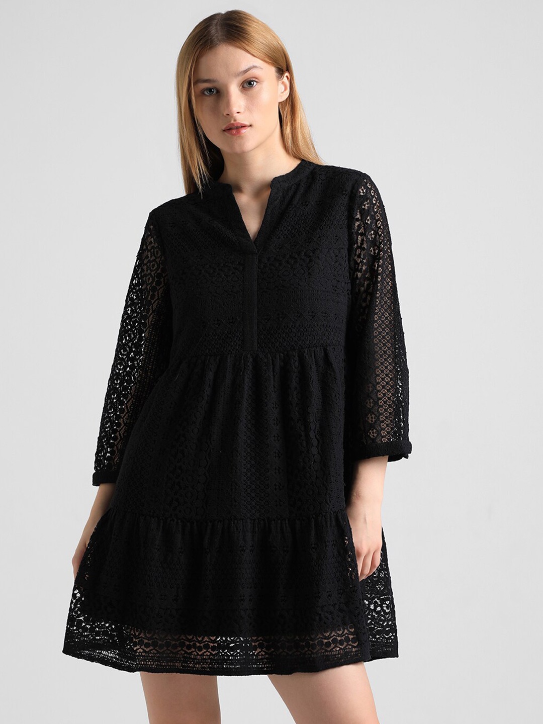 

ONLY Self Design Mandarin Collar A-Line Dress, Black