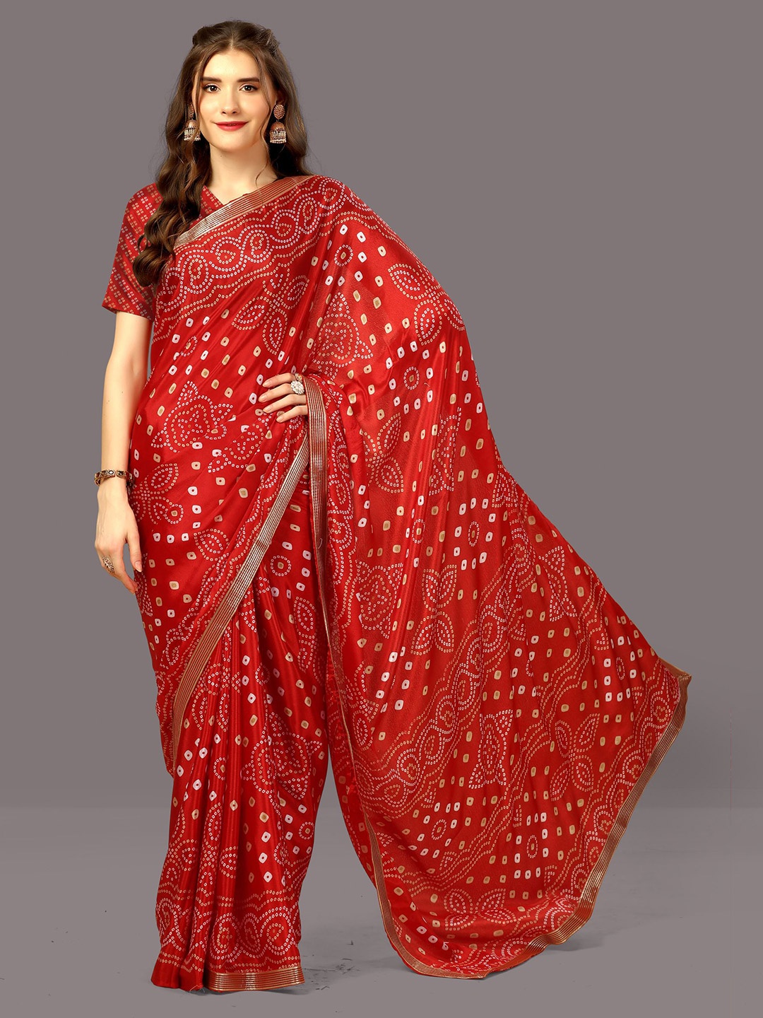 

WORIVOC Printed Bandhani Saree, Red