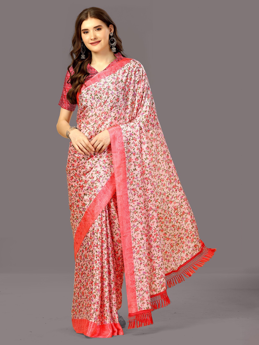 

WORIVOC Floral Printed Poly Silk Saree, Pink