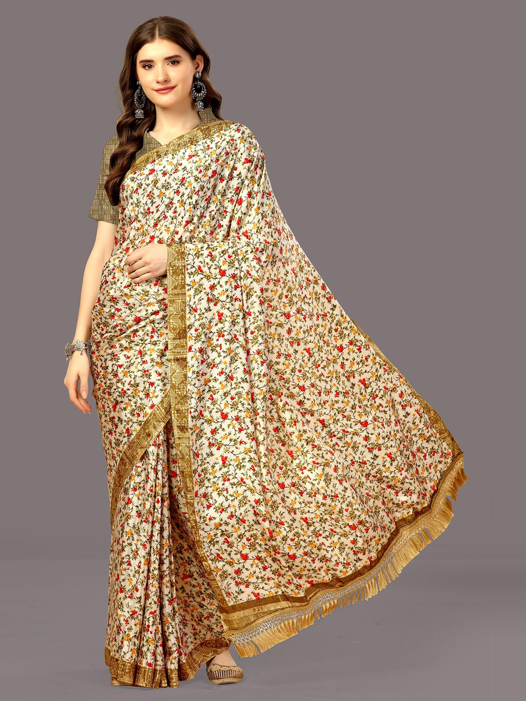 

WORIVOC Floral Printed Poly Silk Saree, Beige