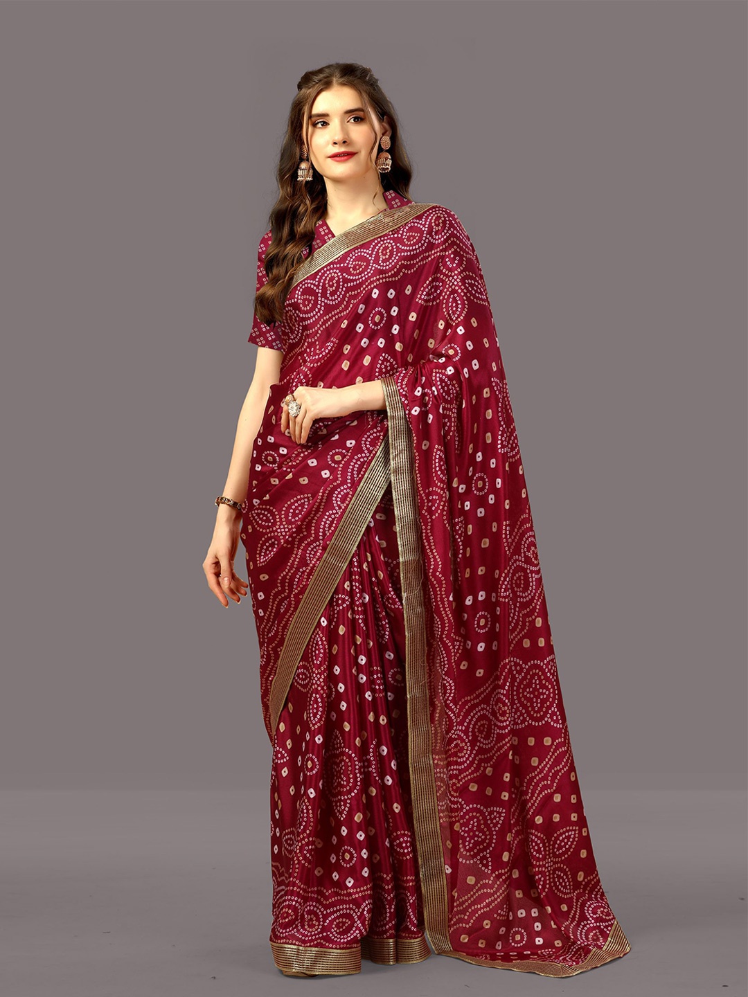 

WORIVOC Printed Poly Silk Bandhani Saree, Maroon