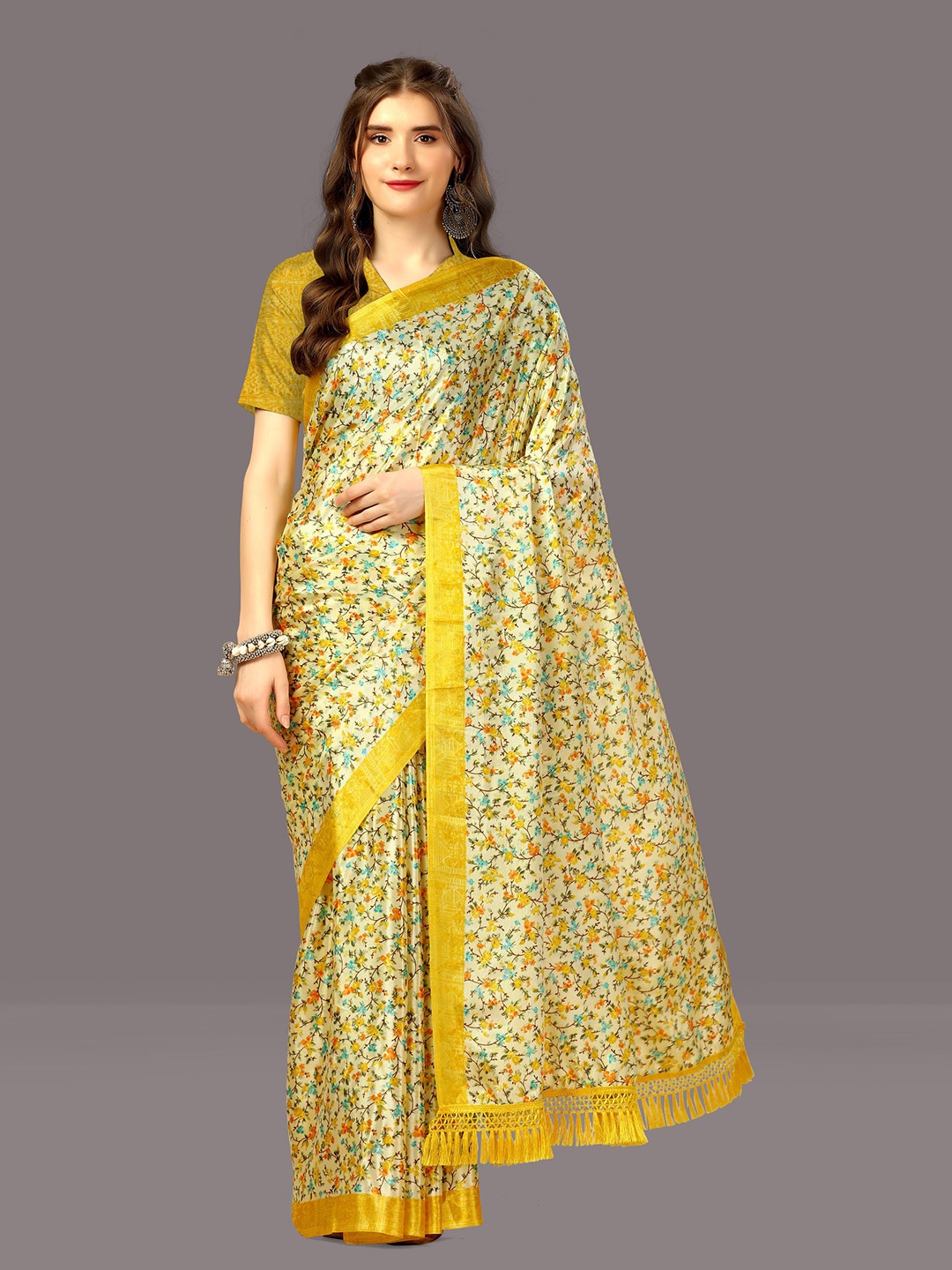 

WORIVOC Floral Printed Saree, Yellow