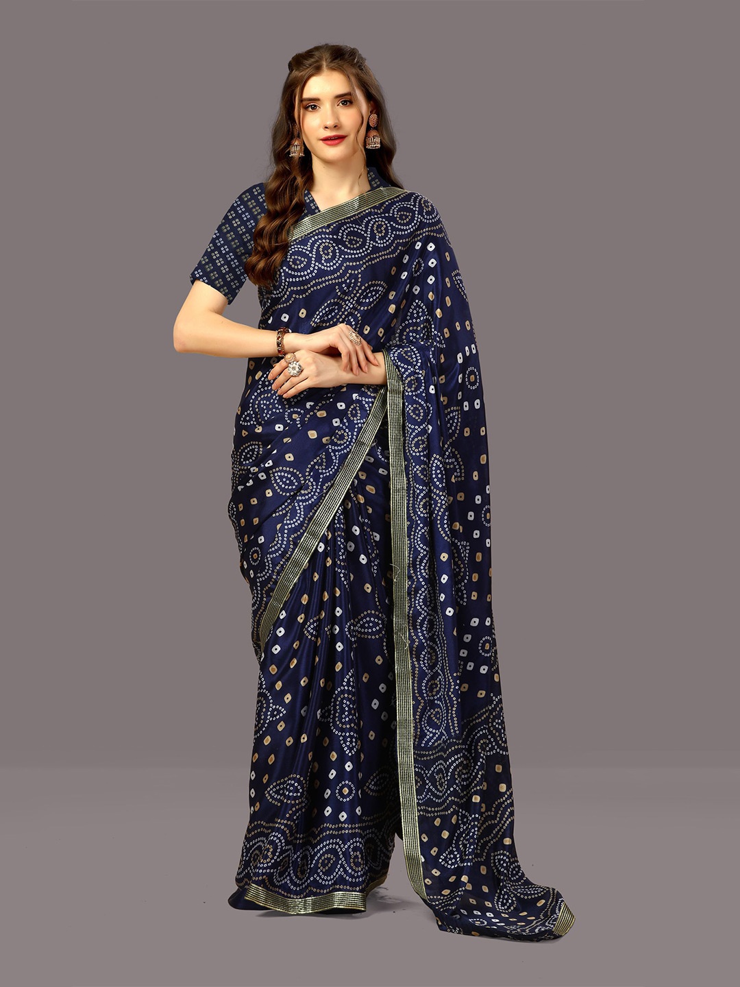 

WORIVOC Bandhani Printed Zari Bandhani Saree, Navy blue